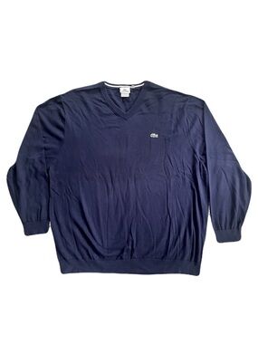 Vintage Lacoste Navy 100% Cotton V-Neck Sweater, Size 10R (5XL)